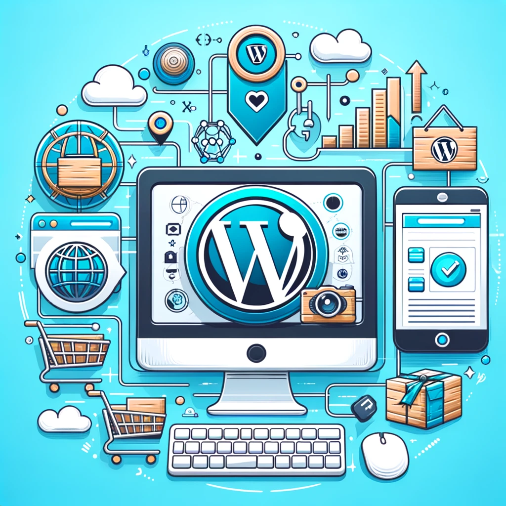 Online-Shop-Setup mit WordPress und WooCommerce, dargestellt durch Computerbildschirm mit Logos und E-Commerce-Symbolen.